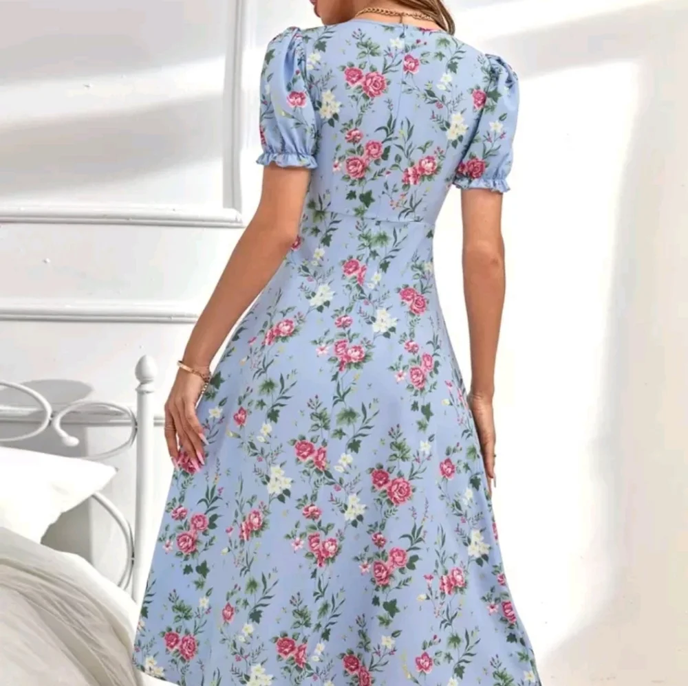 SHEIN Unity Light Blue Floral Midi Dress Puff Sleeve Off Center‎ Slit Sz Medium - Picture 2 of 7